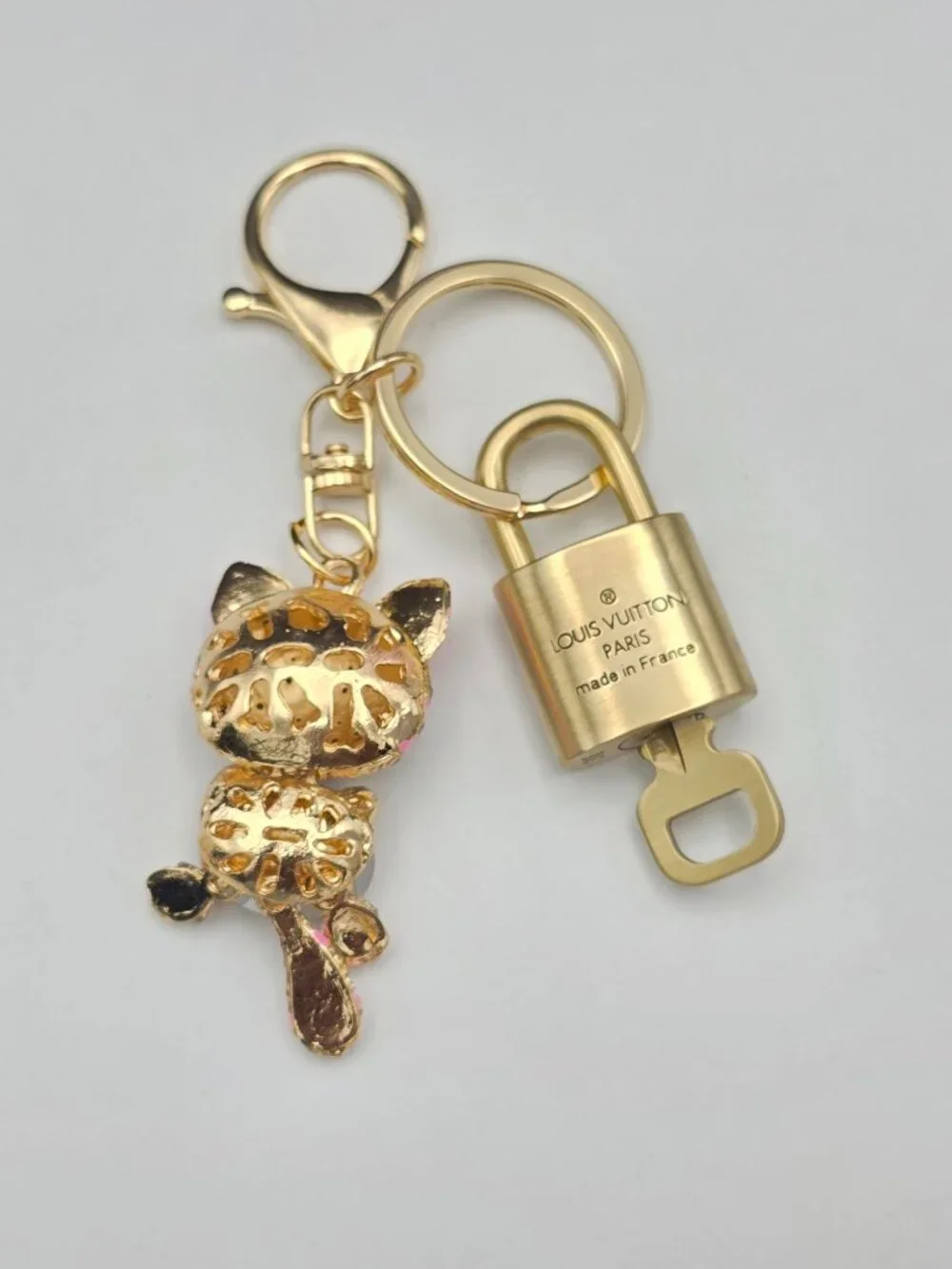 Authentic LV Gold Padlock & Key Set ✨Luxury Bag Charm w/ Unbranded Cat Keychain